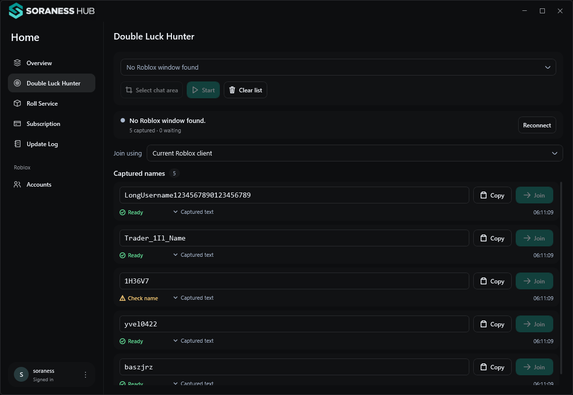 Double Luck Hunter showing editable captured names with Copy and Join controls, using sample data