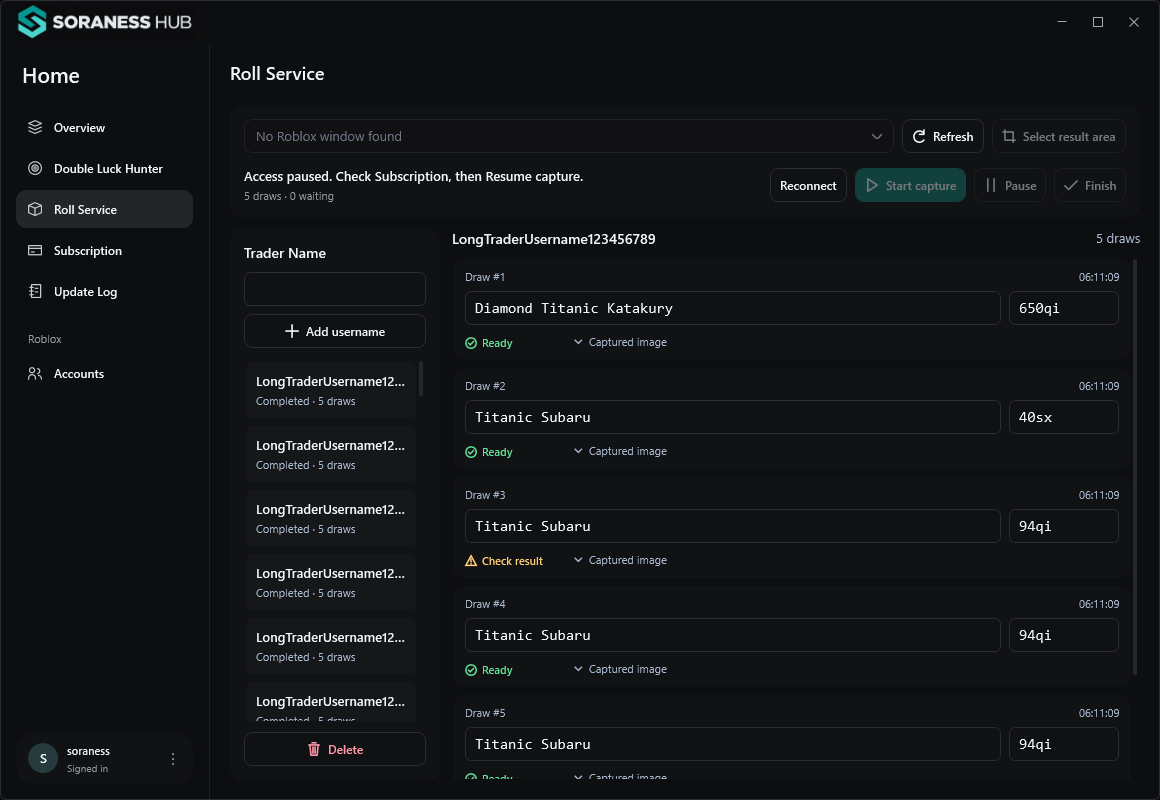 Roll Service in Soraness Hub showing capture controls and trader records using sample data